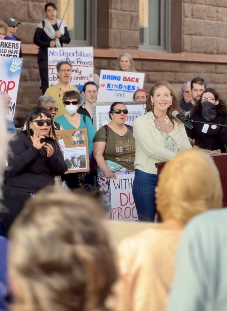 Rachel Barnhart speaking to a crowd